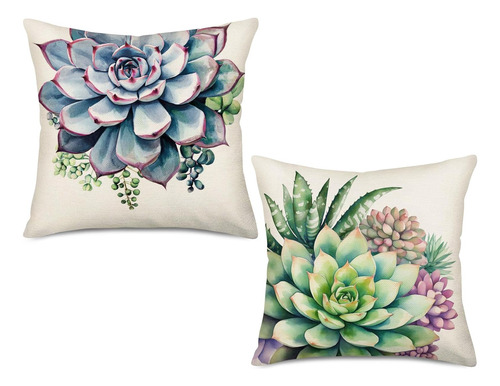 Fundas De Almohada Lino Algodón Con Estampado Cactus Suculen