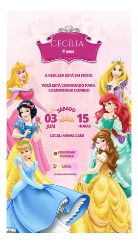 Convite Digital Interativo Aniversário Princesas Disney 