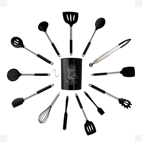 Kit Utensílios De Cozinha Cabo Aço Inox E Silicone 14 Peças