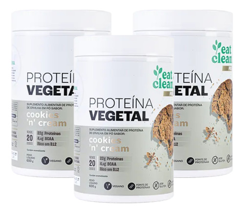 3x Proteína Vegetal Vegana Eat Clean Cookies N´cream 600g