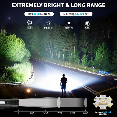 Linterna Recargable De 3000 Lúmenes Led Con 4 Modos Y Ipx7