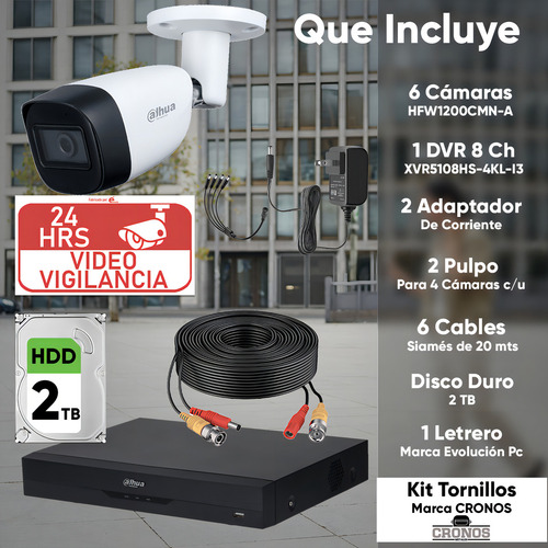 Kit Videovigilancia Cronos 6 Cámaras Dahua Metálicas Bala HFW1500CM-A 5MP Con Audio + Hdd 2Tb + Cables + Accesorios - Kit Cctv KITXVR5104HS4KLI3-6CCC2TB (dvr Dahua XVR5108HS Circuito Cerrado)