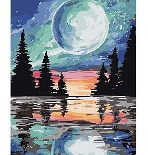 Cuadro De Pintura Por Números Lago Y Luna Llena Kit Completo