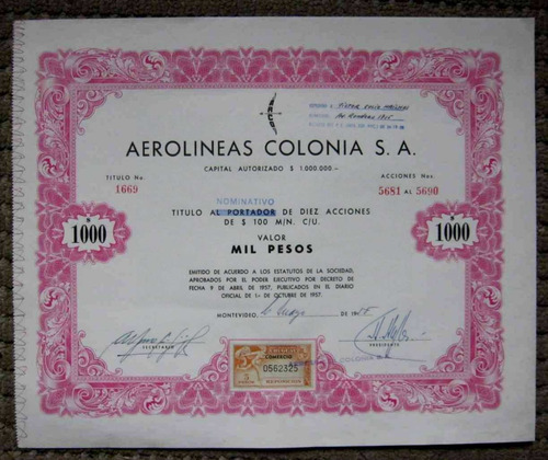 1958 Arco Aerolineas Colonia S. A. Antigua Accion De $ 1.000