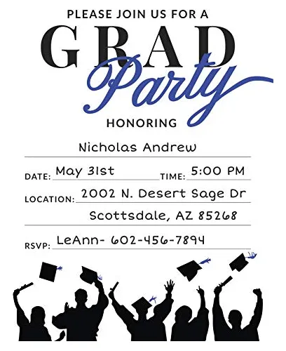 25 Invitaciones De Fiesta De Graduación Azul Y Negro Con Sob