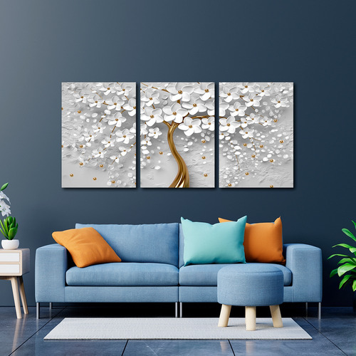 Imagem 2 de 4 de Quadro Luxo Decorativo Flores Cerejeira Branca Efeito 180x90