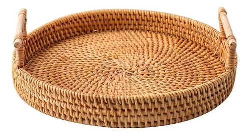 Bandeja Rattan Con Asas Circular Rustica Decorativa 22cm