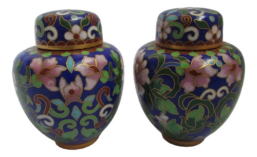 2 Mini Vaso Pote Cloisonné Oriental Floral Esmalte Cobre 7cm