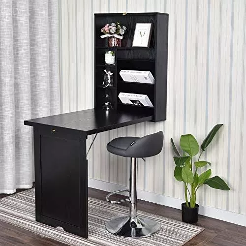 GIANTEX Mesa de pared plegable, escritorio de pared plegable de madera con  7 compartimentos, mesa para