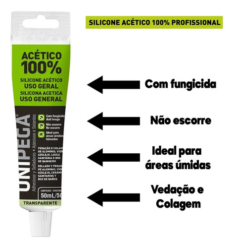10 Pç Silicone Incolor Acético Bisnaga 50 Ml Unipega