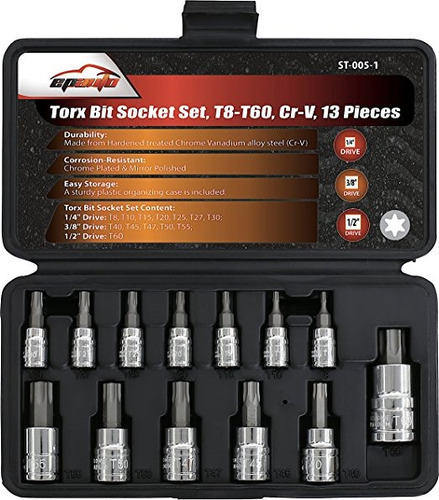 13 Piezas - Epauto Torx Bit Socket Set, T8-t60, Cr-v