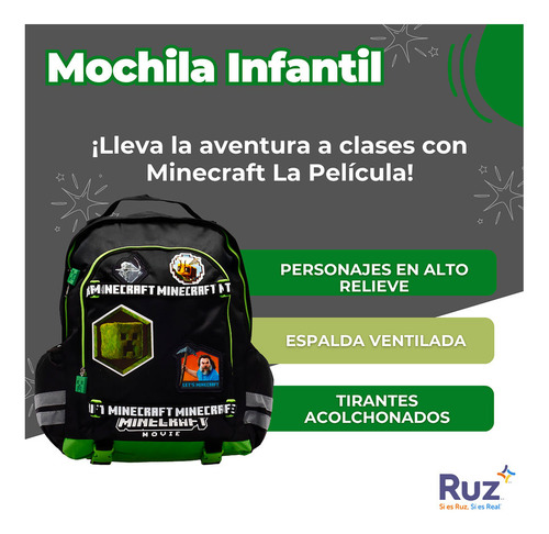 Mochila Primaria Infantil Microsoft Minecraft Pelicula 20 L Negro