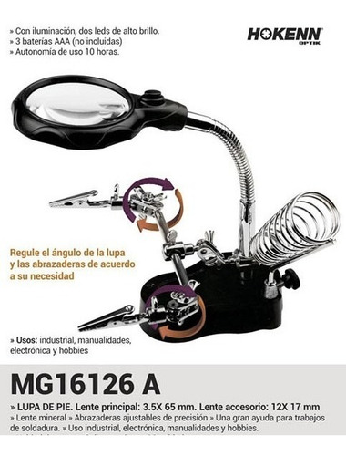 Imagen 2 de 5 de Lupa Hokenn Mg16126a 3.5x 65mm Luz Led Base Pinzas Flexible