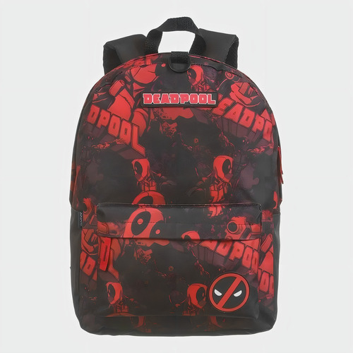 Mochila Escolar Deadpool Marvel Comics Com Fone De Ouvido Cor Preta e Vermelha Desenho do tecido Estampado