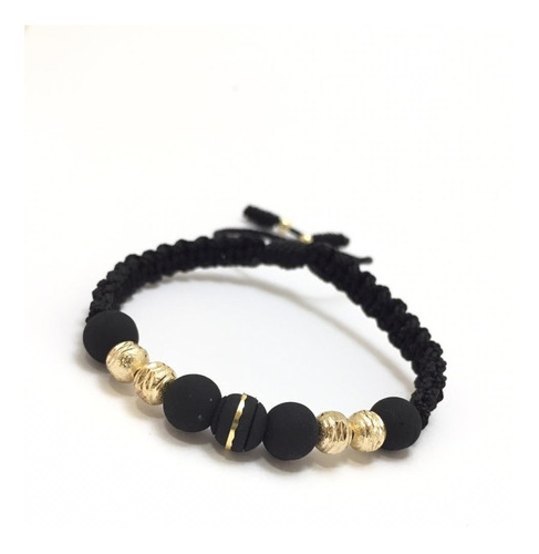 Manilla Neopreno Negro Bola Oro Laminado Oro 18k Artesanal
