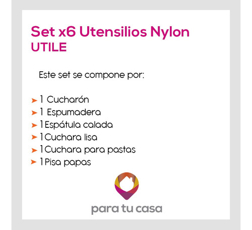Imagen 2 de 2 de Set X6 Utensilios Cocina Nylon Cucharón Espumadera Espatula