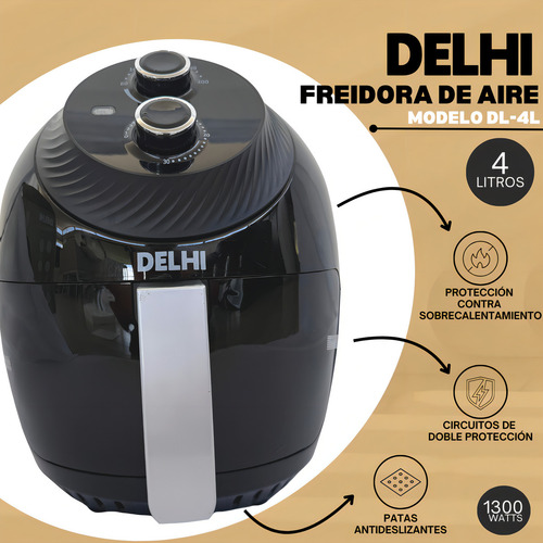 Freidora De Aire Sin Aceite 4 Litros Delhi 1300w Air Fryer Color Negro