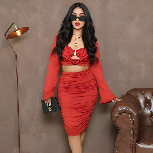 Conjunto Feminino 3 Peças Com Cropped E Saia Midi Elegante