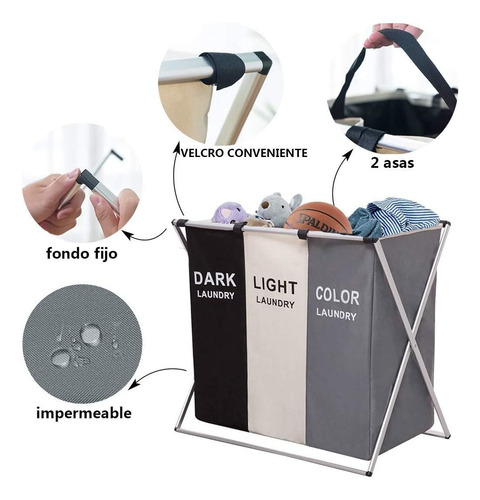 Cesta De Ropa Sucia 3 Compartimentos Plegable Multifunción