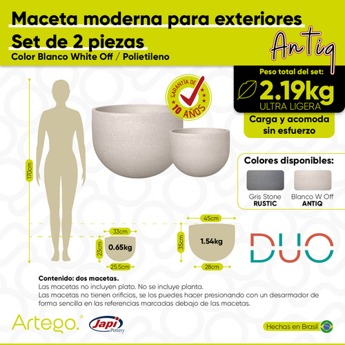 Macetas Modernas Set Duo 2 Piezas Para Exteriores Blanco White Off- Antiq De Polietileno Ultra Ligera Artego Japi Hecho En Brasil