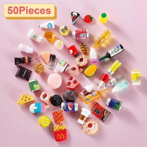 Set De 50 Miniaturas De Comida Y Bebida Para Casa De Muñecas – Resina Realista Con Pasteles, Pizzas Y Helados