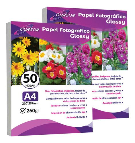 Papel Glossy Fotografico Brillante A4 260g 100 Hojas Cursor