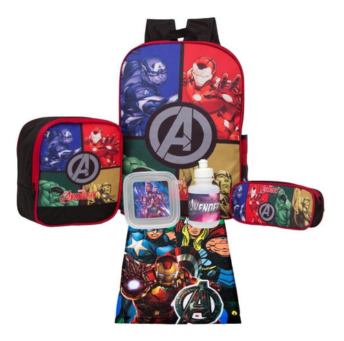 Kit Mochila Masculina Costa Vingadores Com Lancheira 6 Itens