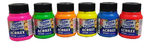Tinta Para Tecido Acrilex Kit C/ 6 Cores 37 Ml Fluorescente