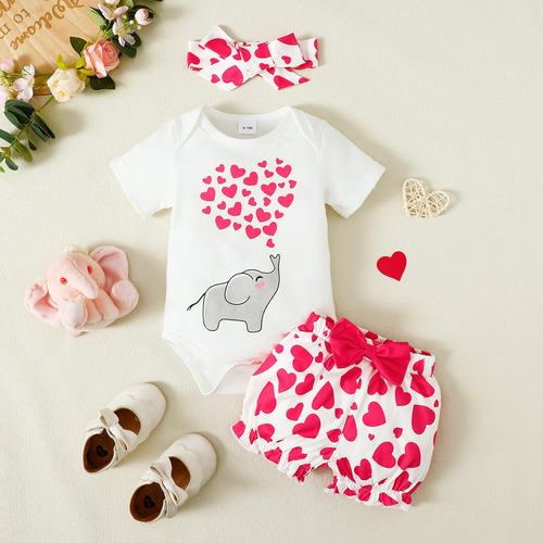 3pcs Conjunto Para Bebé Con Estampado De Elefante Y Corazón Blanco 18-24 M