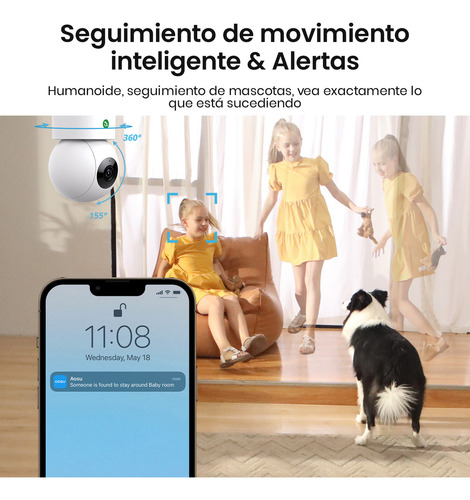 Cámara de seguridad interiores para seguridad hogar Cámara De Vigilancia Wi-Fi 4MP Detección de movimiento y notificaciones y Sonido Audio bidireccional compatible con Google y Alexa AOSU
