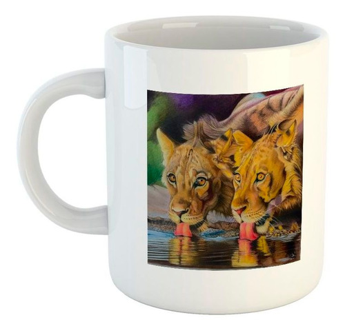 Taza De Ceramica Leones Tomando Agua Pintura Art