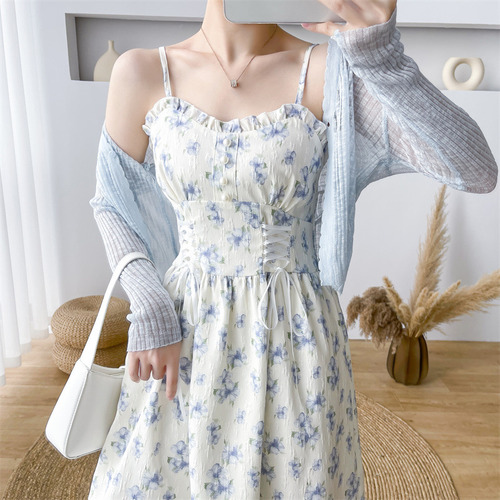 Conjunto De Vestido De Gasa Con Estampado Floral Y Cárdigan