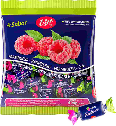 Bala De Framboesa Mastigável Erlan 600g