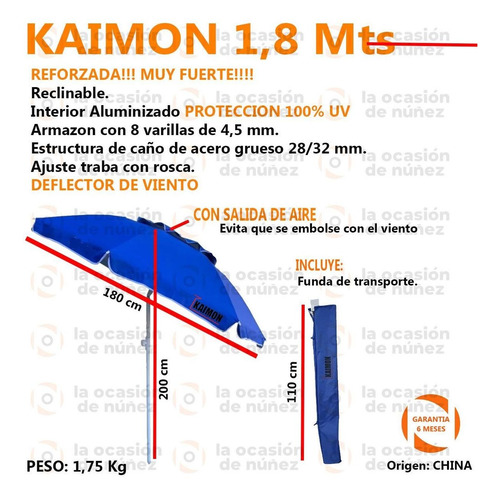 Imagen 2 de 6 de Sombrilla Spinit Playa 1.80 Metros Reforzada Con Funda
