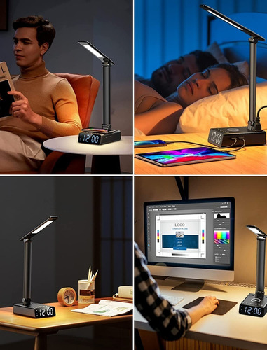 Lampara De Escritorio Led Con Reloj Carga Inalambrica Usb