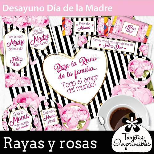 Kit Imprimible Desayuno Dia De La Madre Rayas Y Rosas No Edi