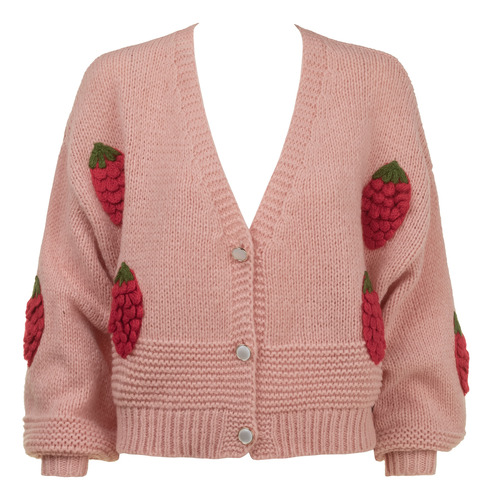 Sueter Cárdigan Fresas Boton Joya Tejido Crochet Stretch.