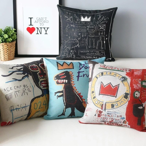 Set 4 Fundas Cojines Arte Basquiat Graffiti En Lino Crudo Jean Michel Basquiat