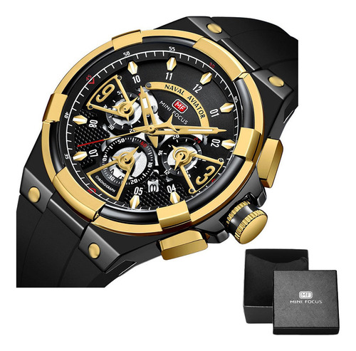 Relógio cronógrafo de negócios com pulseira de silicone Mini Foc Strap, cor preto/dourado