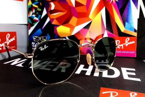 Anteojos de sol Ray-Ban Round Hexagonal Flat Lenses Mediano con marco de acero color gold, lente green de cristal clásica, varilla gold de acero - RB3548N
