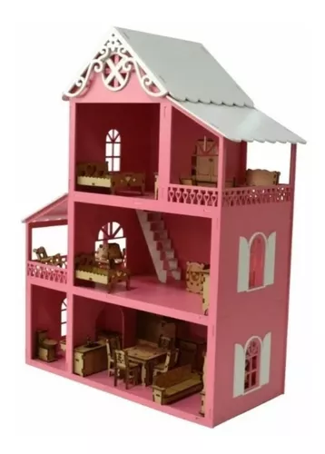 Casinha Boneca Barbie Madeira Mdf Infantil Casa Brinquedos Educativos  Móveis Realistas Brincar Adesivada Desenho 3 Andares Decoração Simples  Promoção