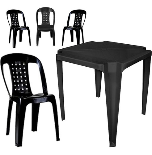 Mesa De Plastico Quadrada Truco Preta Com 4 Cadeiras