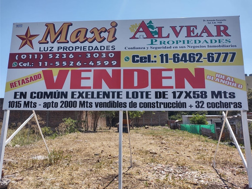 Excelente Lote En Pilar Centro De 1015 M2. ( 17 Mts. X 58 Mts. ) Apto 2000 M2 Vendibles De Construccion + 32 Cocheras