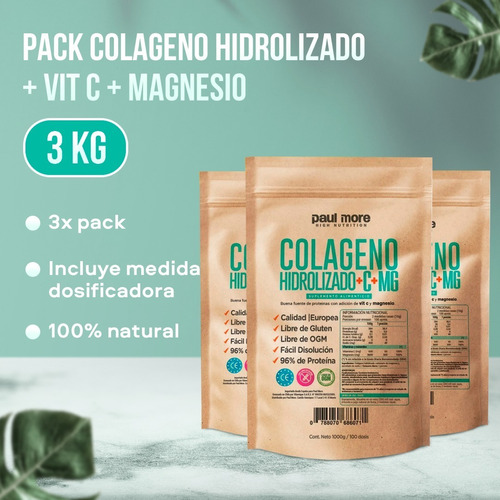 Imagen 1 de 10 de Pack 3x Colageno Hidrolizado + Vit C +magnesio.