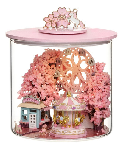 Casita De Madera Armable Luz Led Botella - Paisaje De Sakura