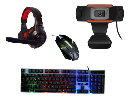 Kit Gamers Teclado Led + Mouse + Auriculares + Cam Web 1080p