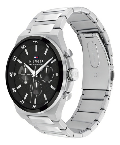 Pulseira de relógio masculina Tommy Hilfiger Dexter, cor: prata, moldura, cor de fundo prateada, cor de fundo preta