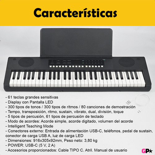 Organo Teclado 5/8 Sensitivo Banco Fuente Pie Funda Ek61208