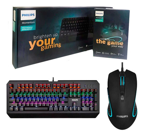 Kit Teclado Mecânico E Mouse Gamer C/fio Usb Led Rgb Philips