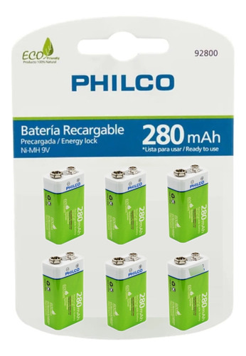 Pack 6 Batería Recargable 9v 280 Mah Ni-mh Philco